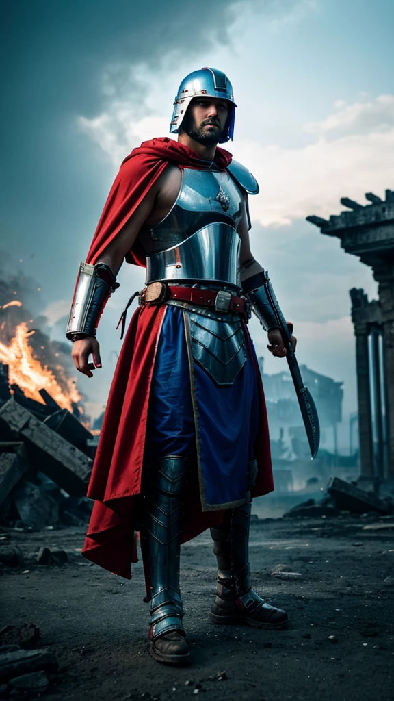 Cyberpunk, roman legionary, gladius in blue flame, white roman plate armor, red cape, high winds, burning battle field, pointing off into the distance,