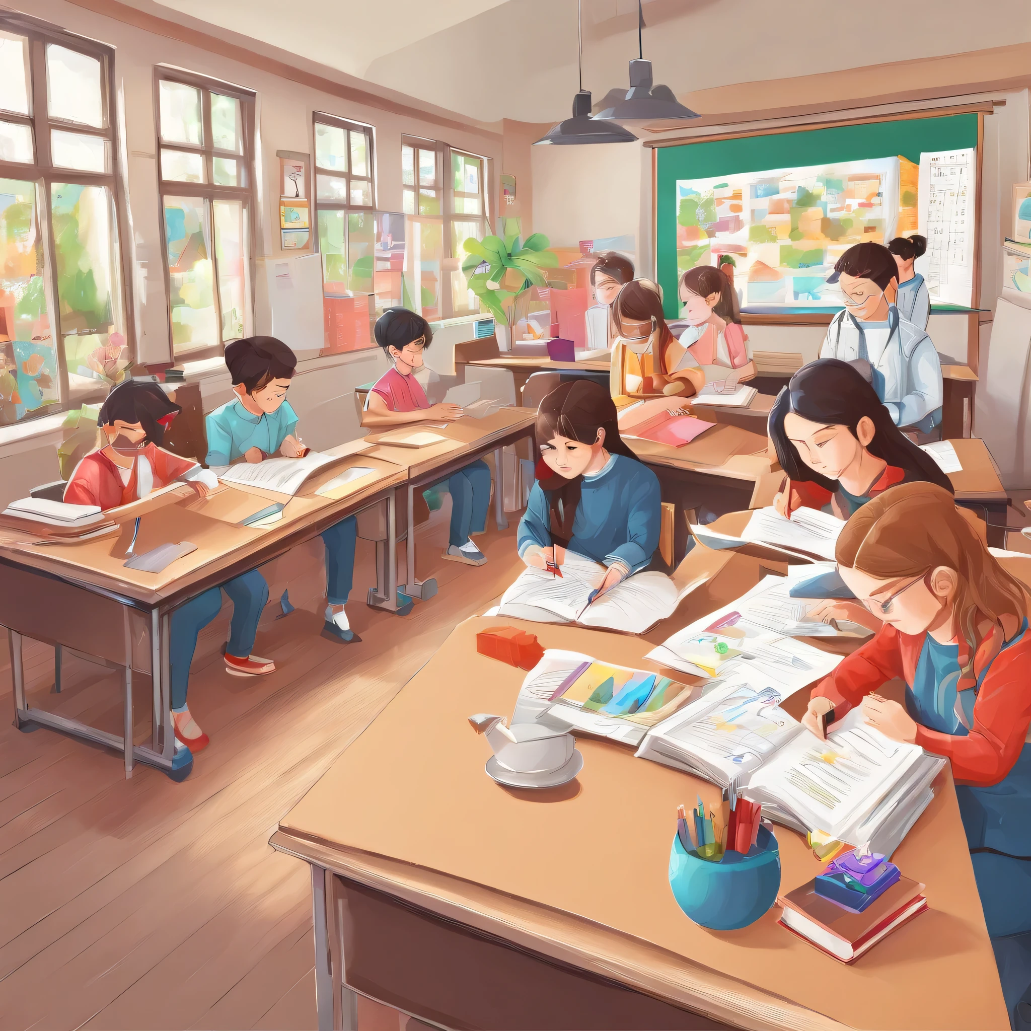 Quality first,masterpiece in detail,A teacher,Several students,Write and read,in the classroom,fresh flowers,Rich in color