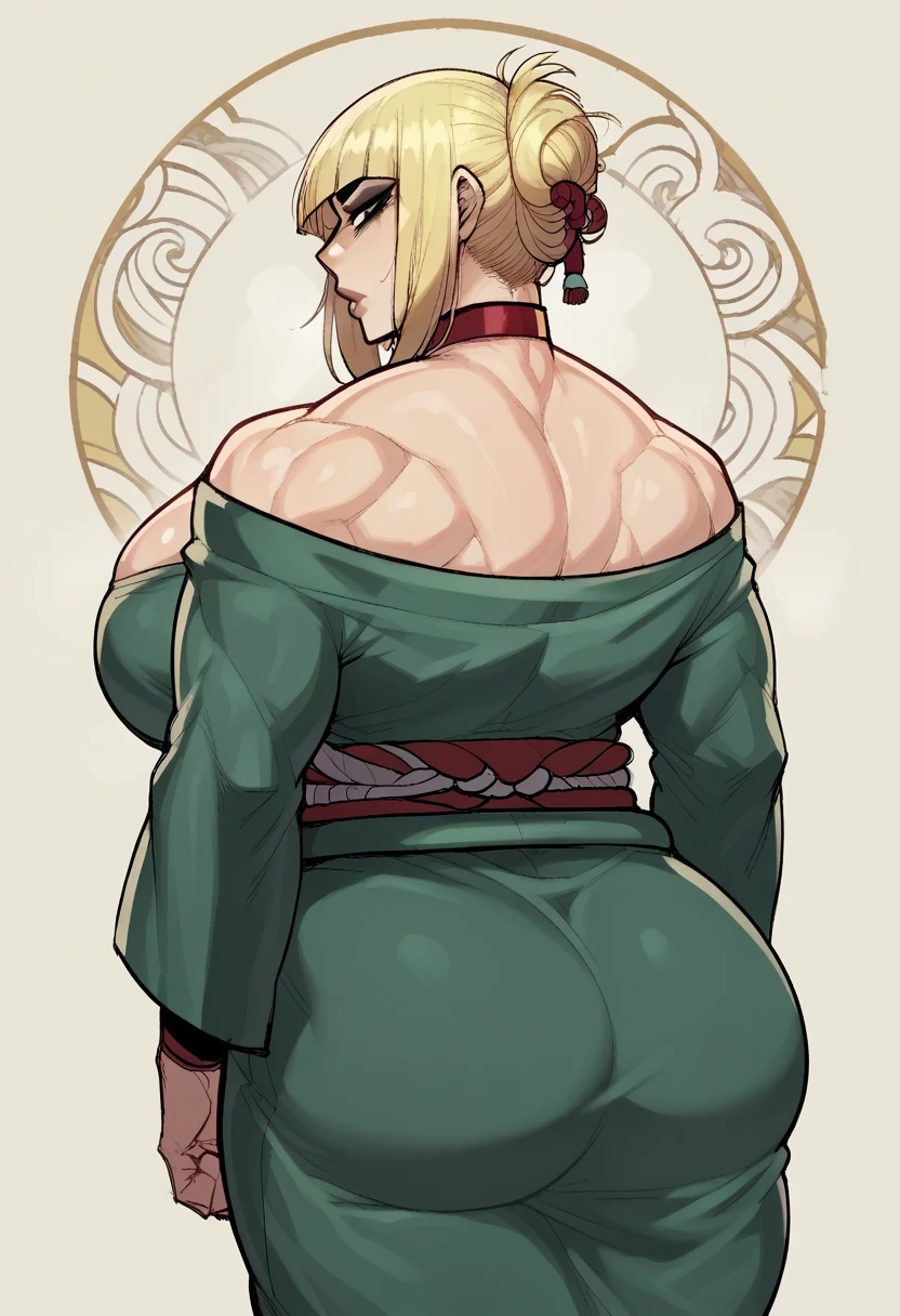 score_9, score_8_up, score_7_up, score_6_up, score_5_up, score_4_up, BREAK 1girl, ((muscular body:1)), intricate, kimono, (eyeliner:1.2), looking at viewer, bob hairstyle, blonde, jewelry, detailed background,big ass,huge breasts (masterpiece, high quality:1), 
