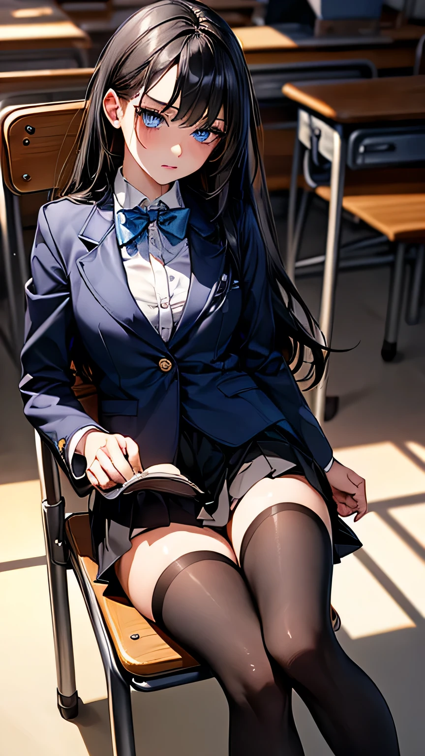 (masterpiece, Highest quality:1.2), (Realistic, photoRealistic:1.3), Browsing Caution, View your viewers, 1 girl, high school girl, Perfect Face, Glowing Skin, (Long Hair）,Black Hair, Blue eyes, Long eyelashes, Beautiful Hair, Beautiful Face, Beautiful attention to detail, (Blazer uniform, Pleated mini skirt,Black Stockings), A bow tie, (Tense face）,Sitting on a chair in the classroom,Holding a book