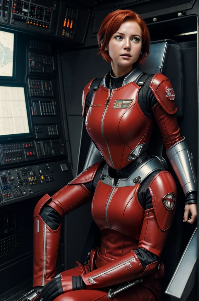 absurd resolution, High resolution, (masterpiece: 1.4), hyper-detail, 1 young woman, short red hair, pilot suit, rich princess, Sitting in an extremely narrow closed mecha control room, scared expression crying open mouth call (1.3), in the sky