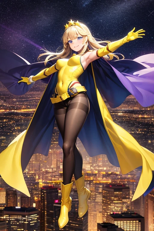 ((best quality)), ((masterpiece)), (detailed), 1 girl, Full body, 19 years old, Smiling face, Blue eyes, Star-shaped tiara, Arms outstretched, Arms behind waist, Blue superhero mask, Blushing, Blonde hair, Straight hair, Long hair, Bangs, Hair ornaments, Star hair ornaments, Full body, Medium breasts, Slim body, Hands with yellow stars, Yellow wristbands, Long yellow gloves, Purple gloves, Purple gloves, White shoulder pads, Superhero costume, Superheroes, Yellow leotard suit, With a big yellow star in the center, Star emblem, Somewhat tight, Long yellow cape on waist, Red belt, Black legs, Black pantyhose, Long purple boots, Flying, City background, Anime