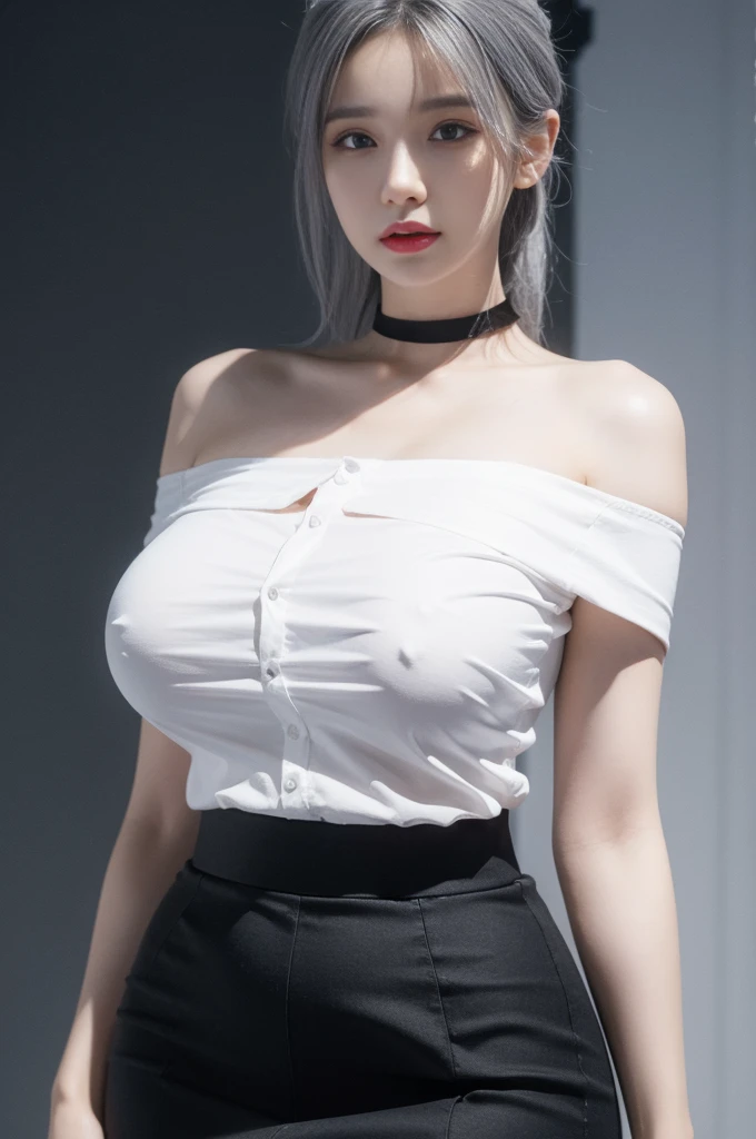 best quality, ultra high res, (photorealistic:1.4), 1girl, off-shoulder white shirt, black tight skirt, black choker, (faded ash gray hair:1), (huge breasts:1.2), looking at viewer, closeup ,