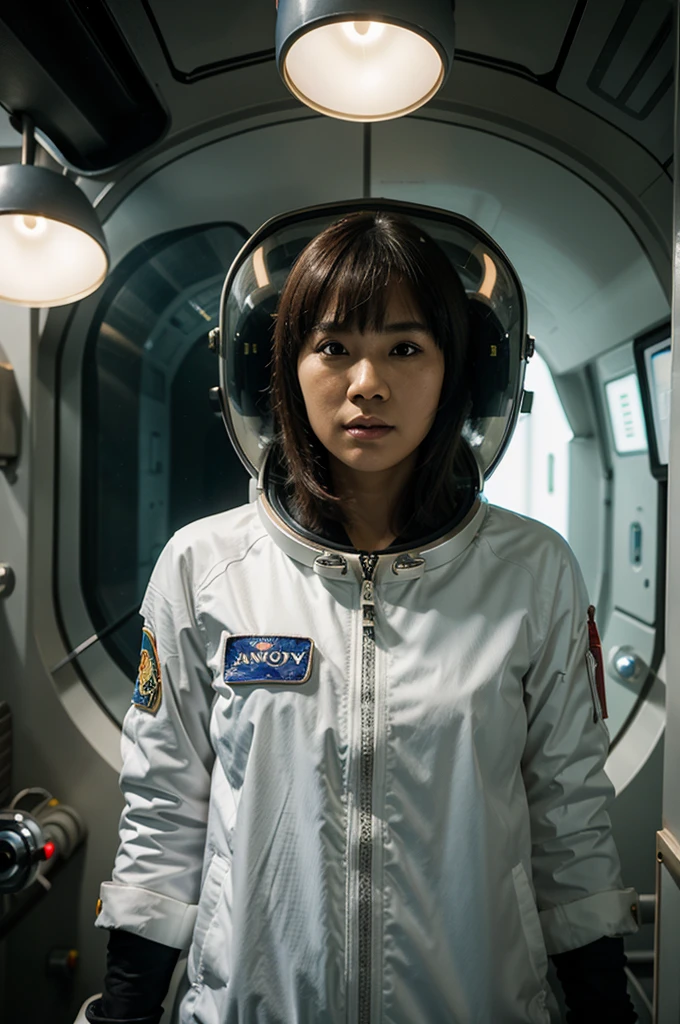 A lone Thai woman, Thai face, bangs, wearing an astronaut suit. in a spaceship