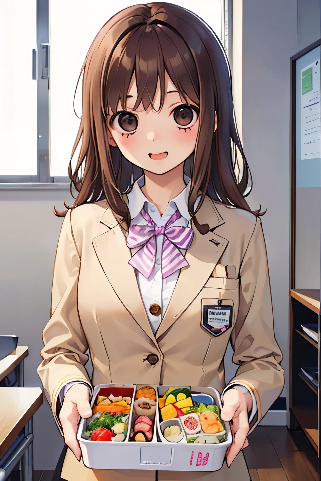 beautiful cute girl,((brown hair:1.2)),(Medium wave hair:1.1),(beige eyes:1.2),(office Lady:1.25),(uniform suit:1.2),((check pattern costume:1.0)),((lace:1.2)),(首を傾げる:1.3),(lunch eating:1.1),(Bento:1.25),((Happiness:1.1)),(Lovehotel:1.15)