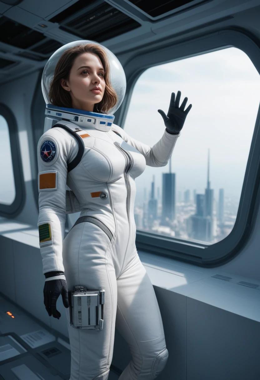 ((Best Quality)), (Masterpiece)), (Details: 1.4), 3D, Absurd Resolution, High Resolution, (Masterpiece: 1.4), Ultra Detailed, Beautiful Girl 1 Person, Futuristic Woman Image, Sparkling Brown Hair, Beautiful Brown Eyes, Beautiful Face, 20 Years Old, Spaceship, Floating, Small, Spacesuit, Spaceship, Window, Future, Dynamic Pose, Change of Clothes