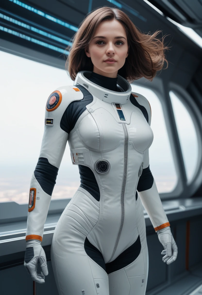 ((Best Quality)), (Masterpiece)), (Details: 1.4), 3D, Absurd Resolution, High Resolution, (Masterpiece: 1.4), Ultra Detailed, Beautiful Girl 1 Person, Futuristic Woman Image, Sparkling Brown Hair, Beautiful Brown Eyes, Beautiful Face, 20 Years Old, Spaceship, Floating, Small, Spacesuit, Spaceship, Window, Future, Dynamic Pose, Change of Clothes