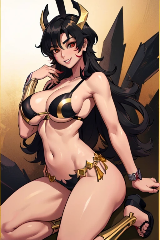 female, black long hair, red eyes, dark skin, (((1girl))), (((black and gold bra))), (black black and gold panties), (gold heeled sandals), (gold headdress), (gold jewelry), cute and sexy, full body, large breasts, large butt, long legs, smiling, standing