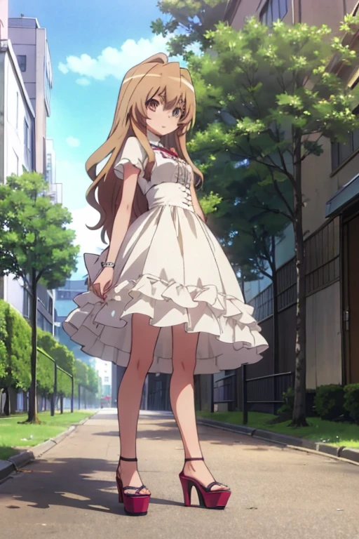 18 year old taiga girl aisaka in dress and sexy open platform high heels posing in the park 