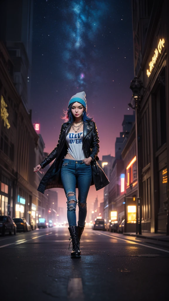 (zendaya), at the the Grand Central Terminal, cinematic, medium shot, whole head in frame, detailed face, detailed eyes, evening, punk aesthetic, pale blue ripped jeans, braces, suspenders, black boots, white shirt, skull, heart, necklace, chain, bullets, black leather jacket, dark blue beanie, tattoo sleeve, right arm, intricate design, flowers, yellowed skull, dyed hair, light purple roots, blue ends, navy T-shirt, rock, chick, messy hair, Full body, Beautiful anime waifu style girl,hyperdetailed painting, luminism, art by Carne Griffiths and Wadim Kashin concept art, dark background, abstract beauty, approaching perfection, pure form, golden ratio, minimalistic, dark atmosphere, unfinished, concept art, by Brian Froud and Carne Griffiths and Wadim Kashin and John William Waterhouse, intricate details, 8k post production, high resolution, hyperdetailed, trending on artstation, sharp focus, studio photo, intricate details, highly detailed, by greg rutkowski