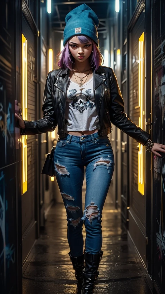 (zendaya), at the the Grand Central Terminal, cinematic, medium shot, whole head in frame, detailed face, detailed eyes, evening, punk aesthetic, pale blue ripped jeans, braces, suspenders, black boots, white shirt, skull, heart, necklace, chain, bullets, black leather jacket, dark blue beanie, tattoo sleeve, right arm, intricate design, flowers, yellowed skull, dyed hair, light purple roots, blue ends, navy T-shirt, rock, chick, messy hair, Full body, Beautiful anime waifu style girl,hyperdetailed painting, luminism, art by Carne Griffiths and Wadim Kashin concept art, dark background, abstract beauty, approaching perfection, pure form, golden ratio, minimalistic, dark atmosphere, unfinished, concept art, by Brian Froud and Carne Griffiths and Wadim Kashin and John William Waterhouse, intricate details, 8k post production, high resolution, hyperdetailed, trending on artstation, sharp focus, studio photo, intricate details, highly detailed, by greg rutkowski