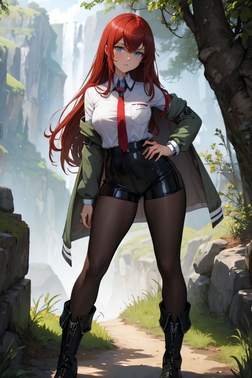 ((sentier en montagne)), ((crépuscule)), gros seins, jambes grasses, ((buste)), ((haut du personnage)), ((perfect eyes)), (extremely fine and beautiful:1.1), (perfect details:1.1), (finely detailed eyes and detailed face:1.3), Kurisu Makise, long hair,red hair,blue eyes,labcoat,collared shirt,red necktie,black shorts,black pantyhose,black footwear,boots,