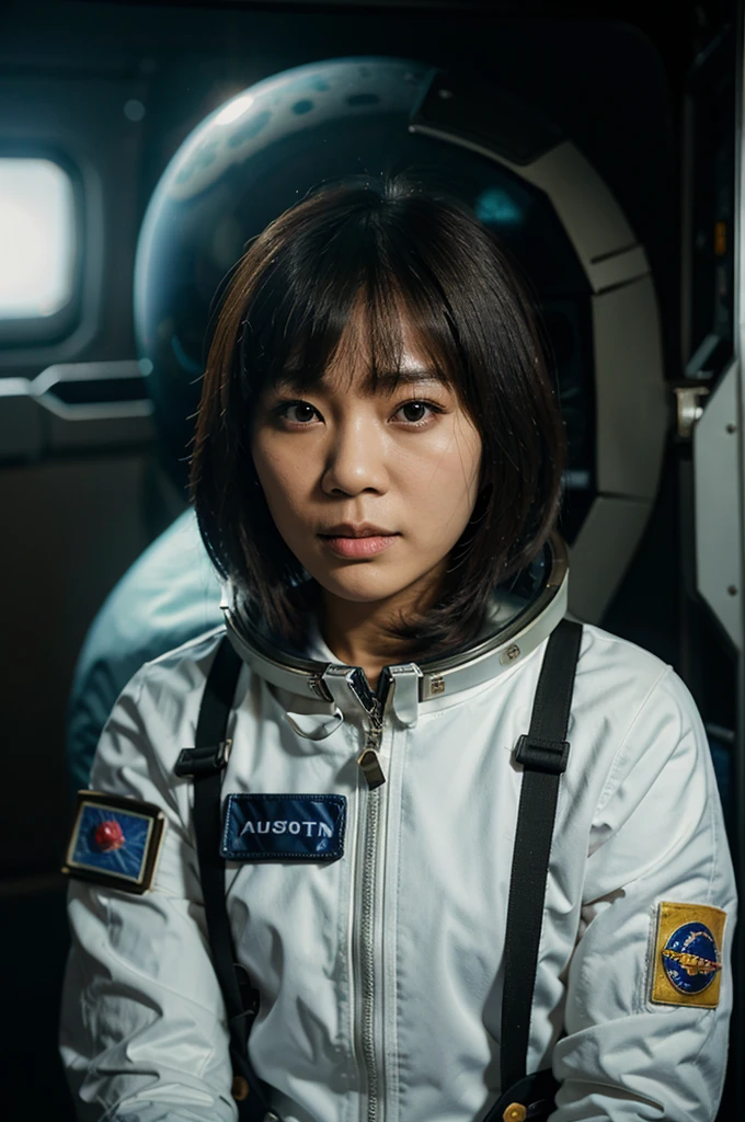 A lone Thai woman, Thai face, bangs, wearing an astronaut suit, in space.