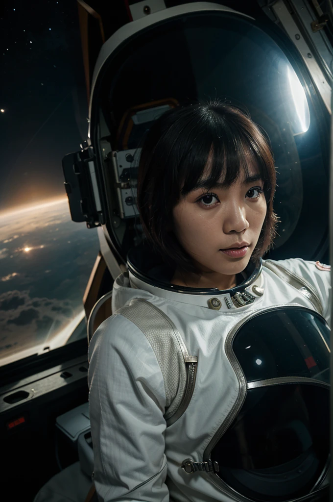 A lone Thai woman, Thai face, bangs, wearing an astronaut suit, in space.