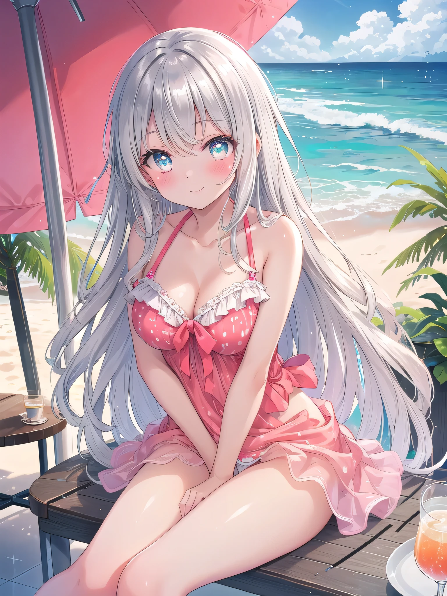 ((8K, Highest Quality, Best:1.3)), Ultra High Resolution, (1 Girl, 1 Person), (Color Changing Eyes, Super Detailed, Expressive Sparkle, Sparkling, Glowing Eyes), Highly Detailed Eyes, Highly Detailed Face, Random Hair, (Silver-Grey Color)) A seductive woman in a swimsuit. The background is a cafe terrace on the beach with an open view overlooking the sea. The terrace is lined with colorful beach umbrellas and resort furniture, creating a relaxed summer atmosphere. The woman has silver hair flowing down her shoulders and wears a shiny swimsuit. The swimsuit is a bright coral pink with a sexy cut V-neck top and a classic high-waisted bottom. The angle is from a top-down perspective from the terrace, capturing her enjoying a drink while sitting in a cafe chair. She is smiling relaxedly while blushing, and her natural expression is charming. In the background, sunlight shining on the cafe terrace gives the whole thing a soft glow.