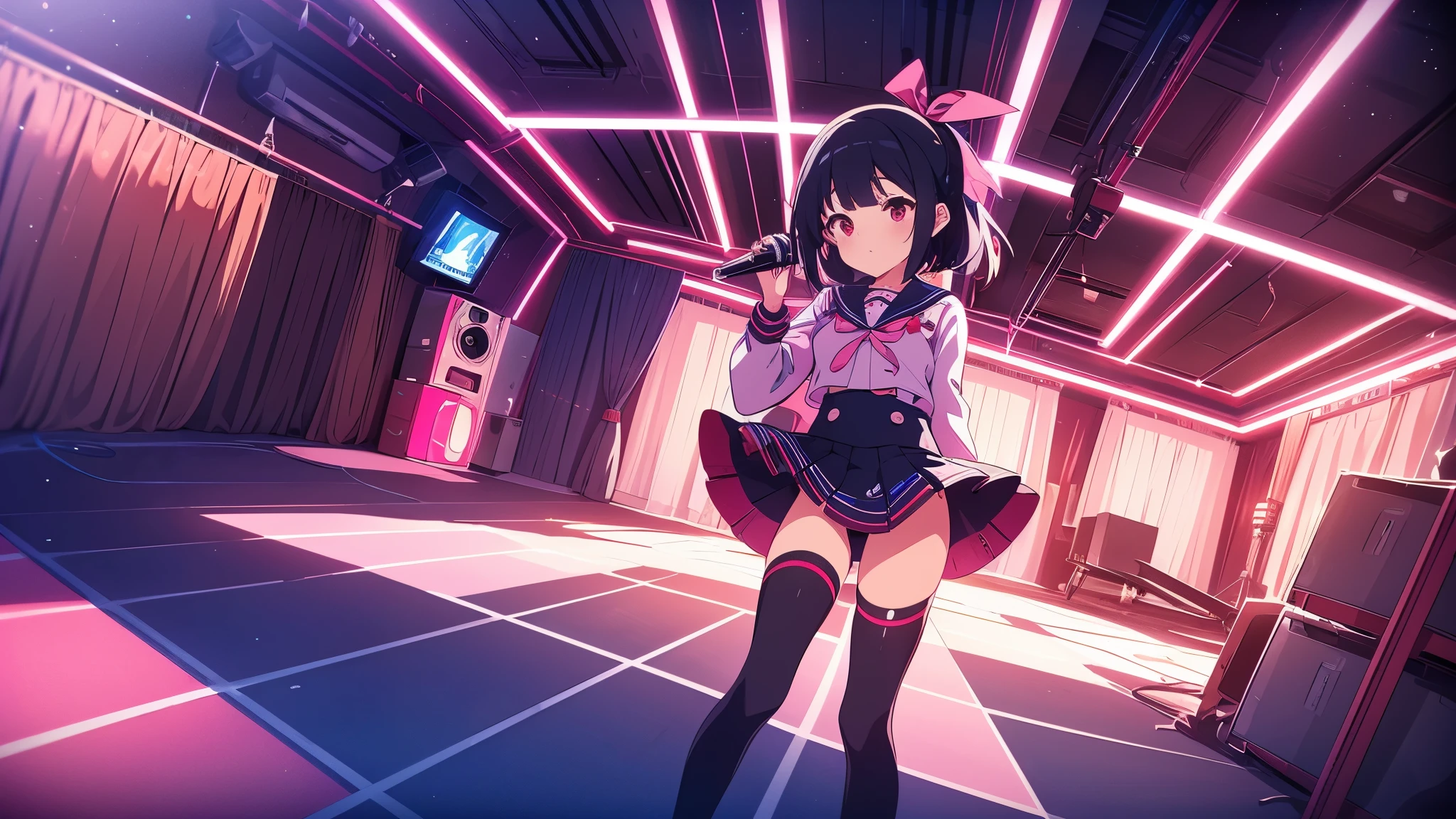 beautiful girl incredible quality 4k vtuber with red eyes multiple color blue and black hair with pink ribbon Short pleated skirt sailor style blouse long sleeve white long stockings pink tennis shoes with black vtuber youtuber in room recording studio PC gamer in the background with microphone and cyberpunk LED lights 