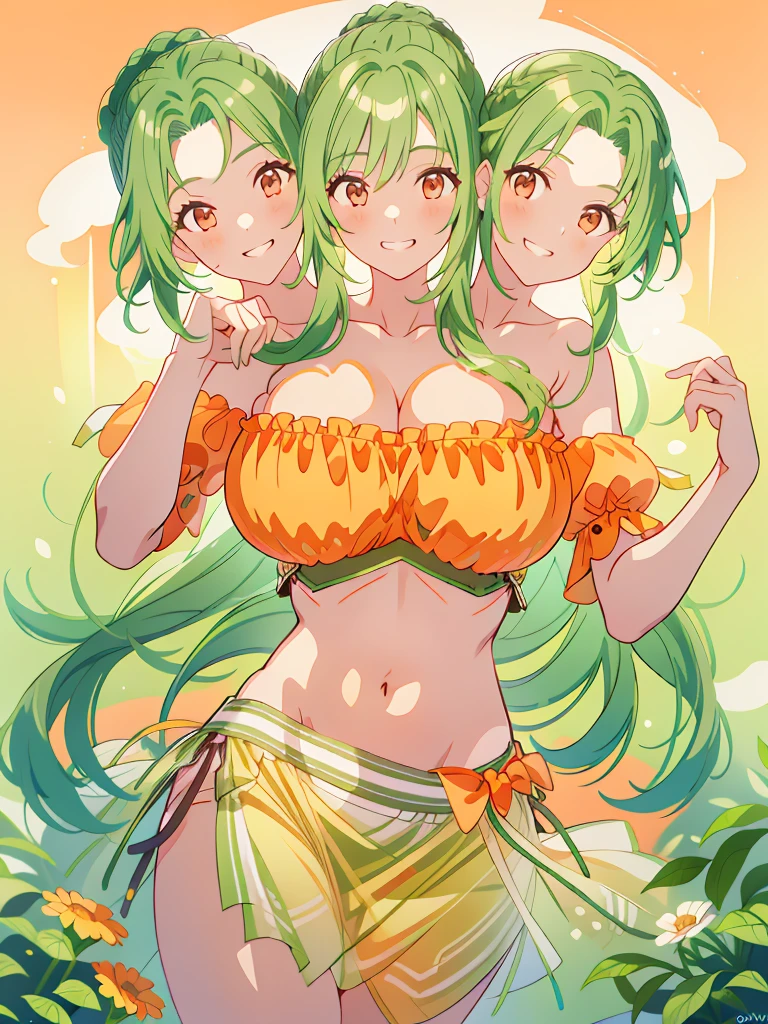 (masterpiece, best quality), best resolution, (3heads:1.5), 1girl, green hair, long flowing hair, smiling, grinning, open belly, white-orange crop top, orange-white miniskirt, open breasts, very huge breasts, curls, sexy pose, ponytail, 
