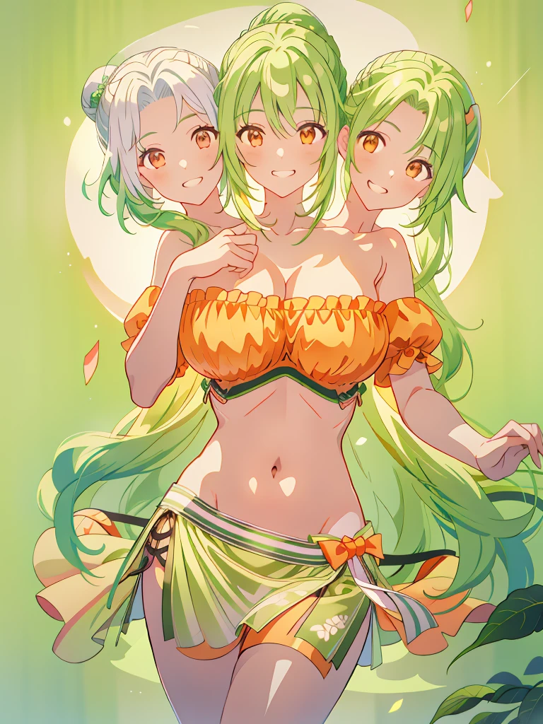 (masterpiece, best quality), best resolution, (3heads:1.5), 1girl, green hair, long flowing hair, smiling, grinning, open belly, white-orange crop top, orange-white miniskirt, open breasts, very huge breasts, curls, sexy pose, ponytail, 
