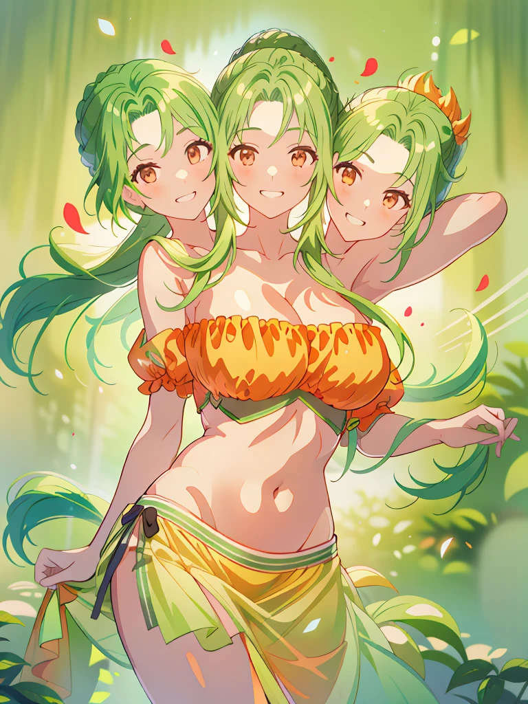 (masterpiece, best quality), best resolution, (3heads:1.5), 1girl, green hair, long flowing hair, smiling, grinning, open belly, white-orange crop top, orange-white miniskirt, open breasts, very huge breasts, curls, sexy pose, ponytail, 
