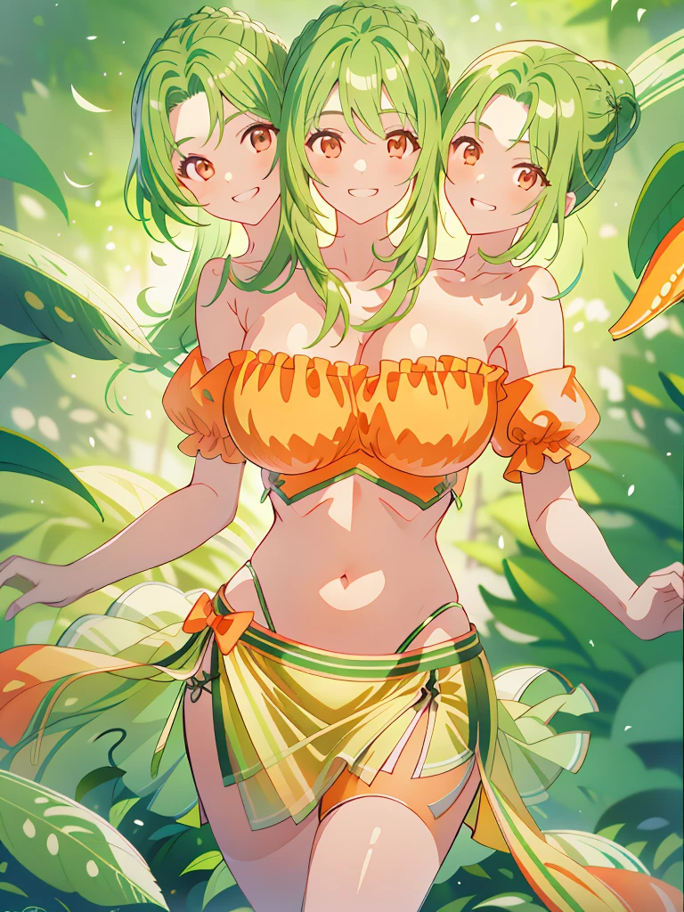 (masterpiece, best quality), best resolution, (3heads:1.5), 1girl, green hair, long flowing hair, smiling, grinning, open belly, white-orange crop top, orange-white miniskirt, open breasts, very huge breasts, curls, sexy pose, ponytail, 
