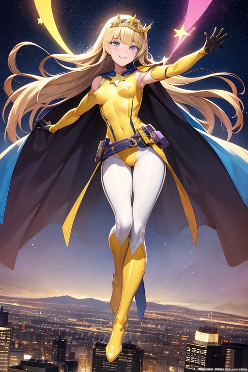 ((best quality)), ((masterpiece)), (detailed), 1 girl, Full body, 19 years old, Smiling face, Blue eyes, Star-shaped tiara, Arms outstretched, Arms behind waist, Blue superhero mask, Blushing, Blonde hair, Straight hair, Long hair, Bangs, Hair ornaments, Star hair ornaments, Full body, Medium breasts, Slim body, Hands with yellow stars, Yellow wristbands, Long yellow gloves, Purple gloves, Purple gloves, White shoulder pads, Superhero costume, Superheroes, Yellow leotard suit, With a big yellow star in the center, Star emblem, Somewhat tight, Long yellow cape on waist, Red belt, Black legs, Long purple boots, Flying, City background, Anime