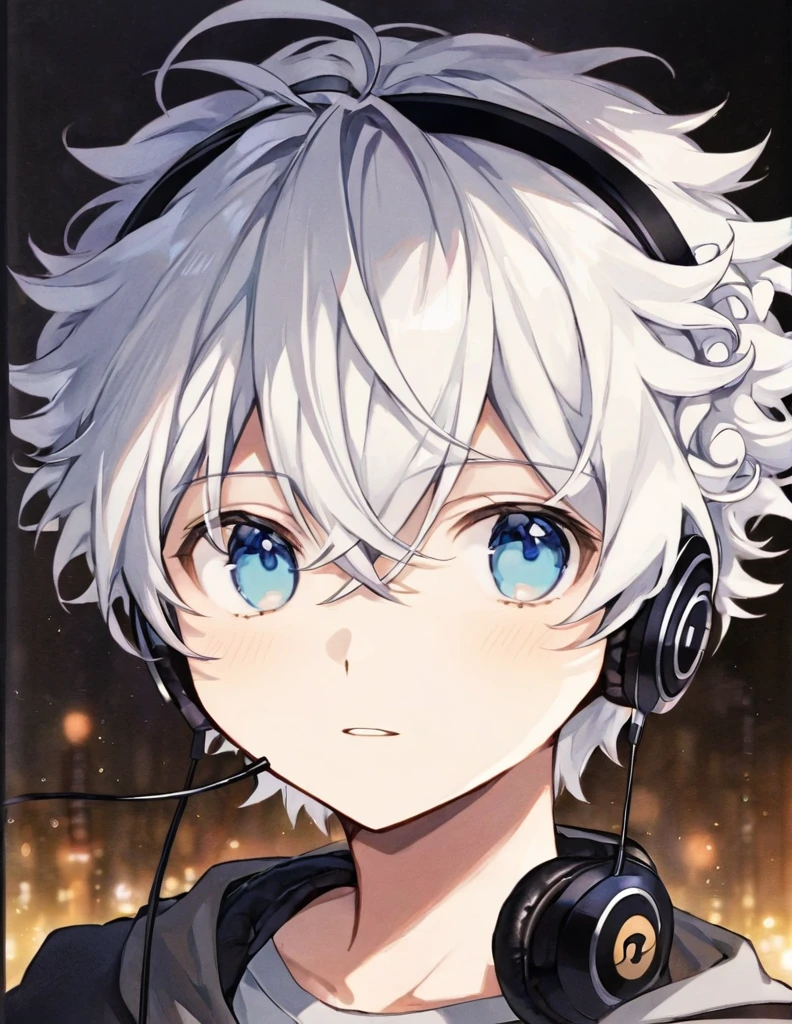 juvenile,boy,White Hair,Short Hair,Short Hair,headphone,headphoneをしている,Light blue eyes,Curly hair,simple,Character portrait,