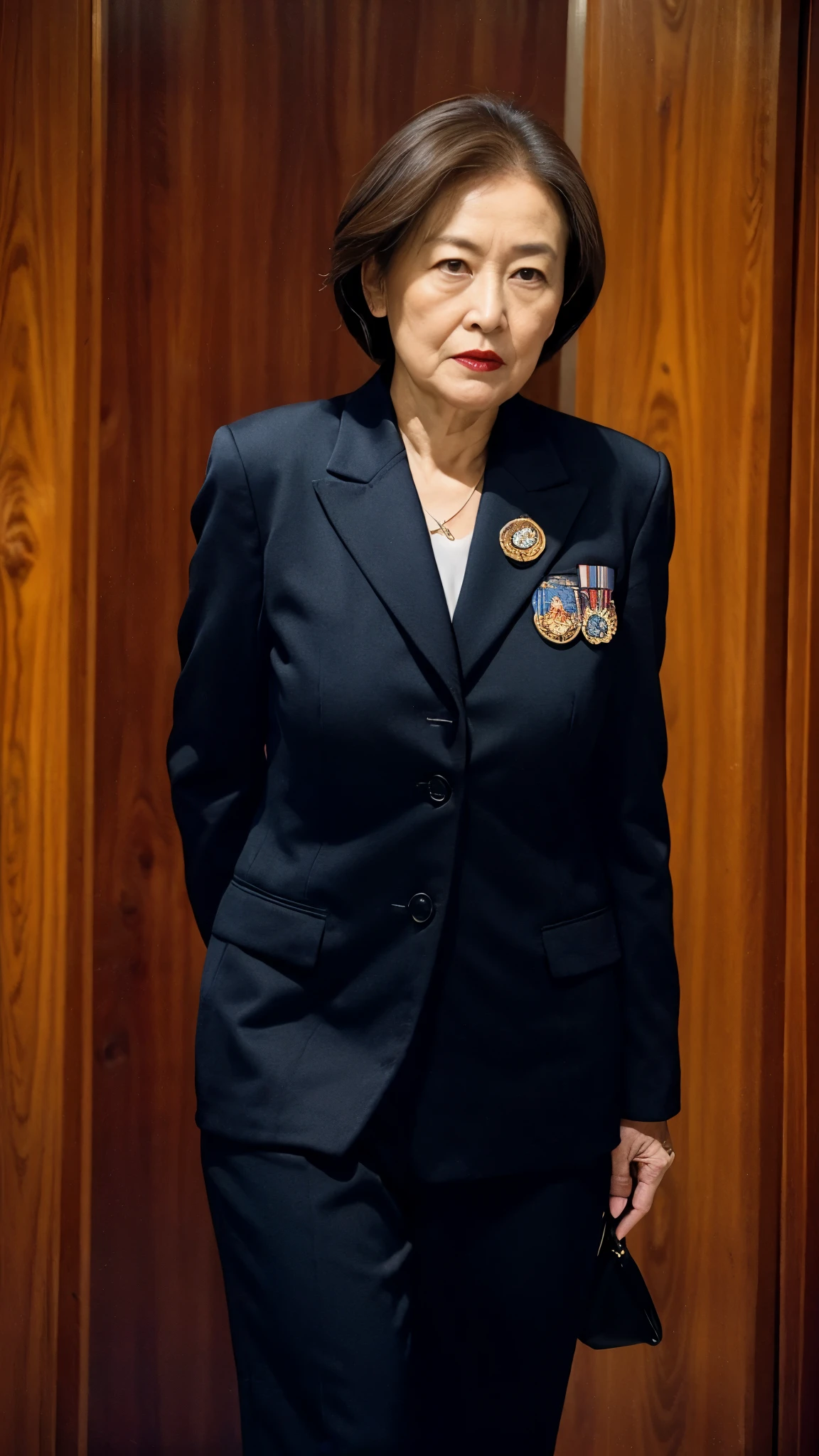 masterpiece, ((Great Focus)), 32K, Beautiful finish, Beautiful mature woman, 65-year-old woman, Photo of your ID, Member of Parliament, Congressman Badge, View from the front, A disdainful look, Cool look, Red lips, Thin lips, suit, Light from the front,