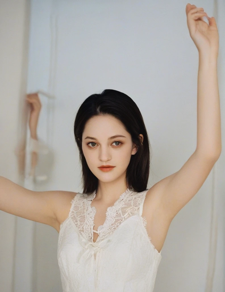 xxmixgirl, quite a bit body of a beautiful long and slender cute face Japanese girl, A gorgeous young cute asian woman in a sexy glamourous outfit, happy smiling, still from the film, ((young Marion Cotillard face : 1.2)), ((young Anne Hathaway face: 1.0)), from front, realistic portrait photo of a cute 21 years old girl, looks at viewer, wavy nose, full lips, natural skin, skin moles,(cinematic, film grain:1.1), ((asian winged eyes, very long and slender slim face, windy tousled, very long straight black hair)), pretty eyes, gorgeous, sexy, alluring, makeup, perfect face, seductive look, A fashion show in wedding costume, short white lace dress, white lace stockings, white high heel sandals, white corset, blonde hair in braids, 4K, Fashion show situation , a virtual audiences, futuristic colour, place, (Leica SL3, Summicron-SL 75 f/2 ASPH, kodak Ektar 200 film), hands up, bokeh, silhouette, shallowed depth of field, dynamic action pose, hands up,