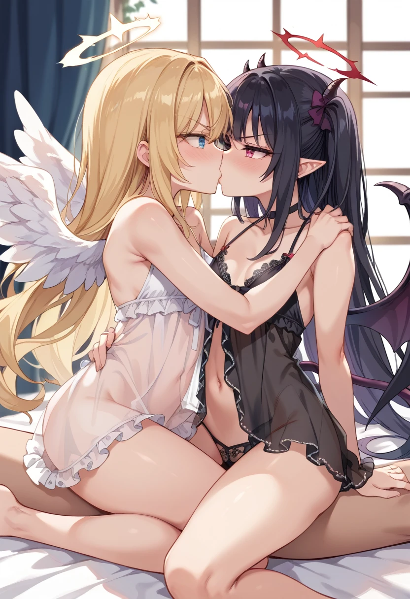 Masterpiece, Top Quality, Hi-Res, One Girl, Yuzuki Chocolate, Virtual YouTuber, Horns, Breasts, Thigh Socks, Blonde, Long Hair, Spiky Ears, Blue Eyes, Garter Strap, Wings, Cleavage, Skirt, Tattoo on the chest, Pink Shirt, Devil's Horn, Tattoo, Lace-trimmed legwear, Shirt, Devil Girl, Bangs, Devil's Wings, Lace Trim, Black Tin High Socks, Devil's Tail, Black Skirt, Pencil Skirt, Tail, Ruffles, Ruffled Shirt, White Coat, Coat, Smile, Open Mouth, Sit, Cross Your Legs, Bedroom, On Bed, (lying down on bed:1.4)