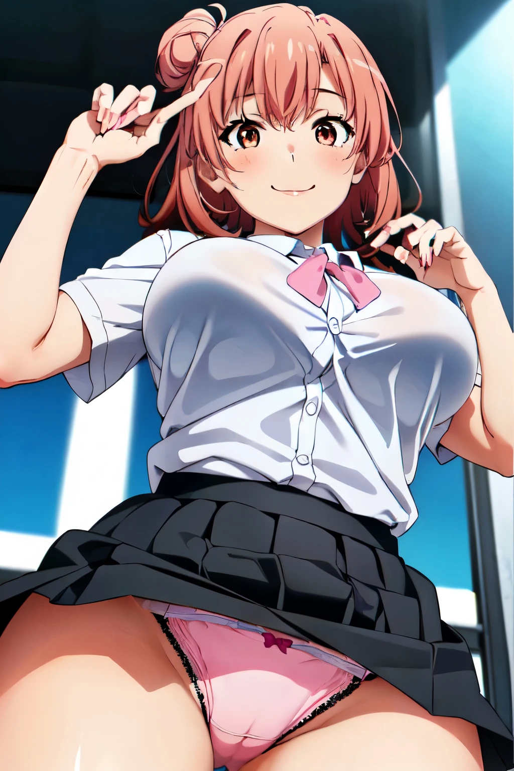 Highest quality, High resolution, Pixel Perfect, (Beautiful Anime Girls), (Perfect hands:1.5), (Perfect Fingers:1.5), (Beautiful fingers:1.5), Written boundary depth, Observe the audience, Perfect body, yuigahama yui, Brown eyes, Detailed eyes, Single hair bun, (Big Breasts:1.2), Red ribbon, White shirt, Black jacket, (Check skirt:1.5), School classroom, smile, blush, (Lift up the skirt:1.5), (Wide pelvis:1.5), (Thick thighs:1.5), (Pink Panties:1.5), (A close-up of the crotch from directly below:1.5)