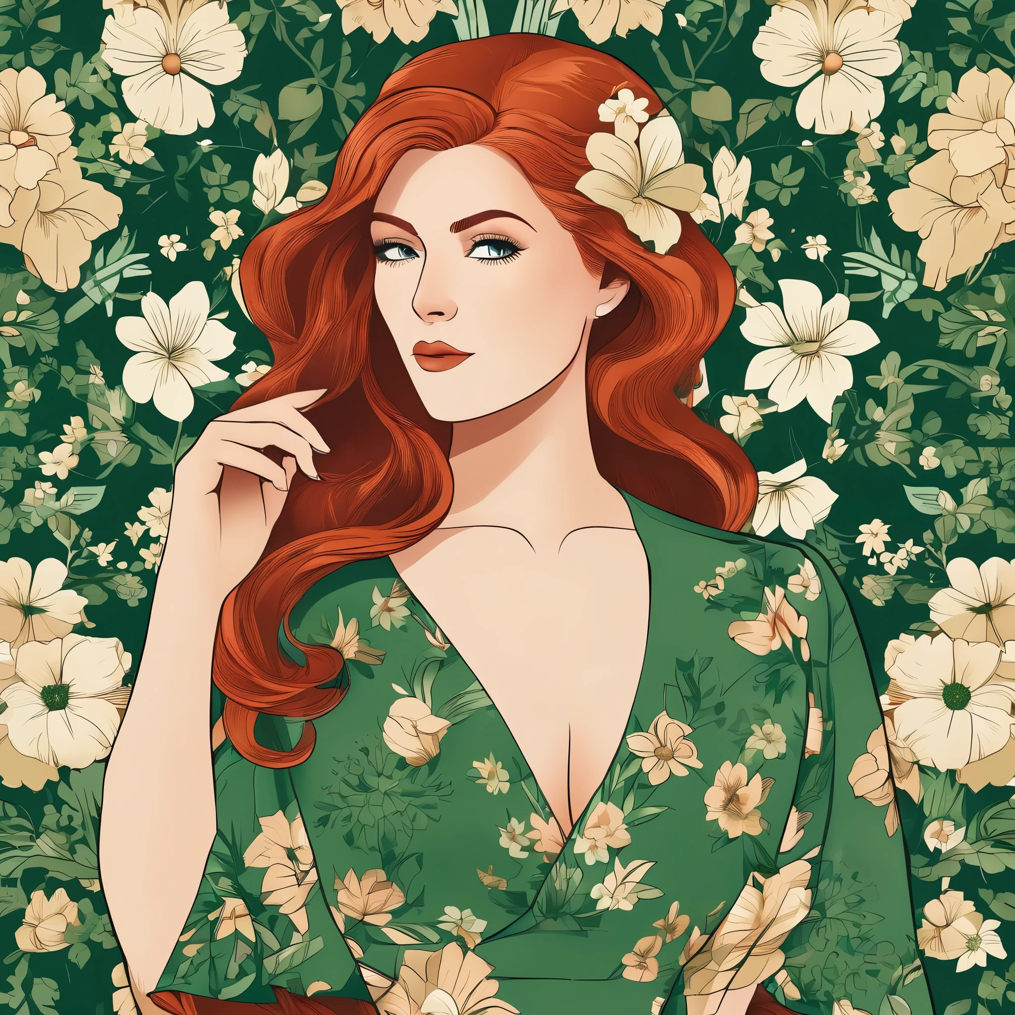 the most beautiful redhead in the universe, she wears a green floral dress