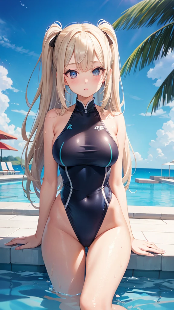 ((Best Quality)), (ultra-detailliert), ((Extremely detailed)), (Beautiful), ((Kawaii Girl)), ((UHD)), (masterpiece), (high quality), (best quality), (4K), (high quality), 1, solo woman, 1woman, ((platinum blond hair)), parted bangs, ((hair intakes)), long hair, (hair two side up long), ((jade colored eyes)), slanted eyes, large breasts, slender body, competition swimsuit, Pool Background, (blue sky:1.3), solar, sunlight, anime style
