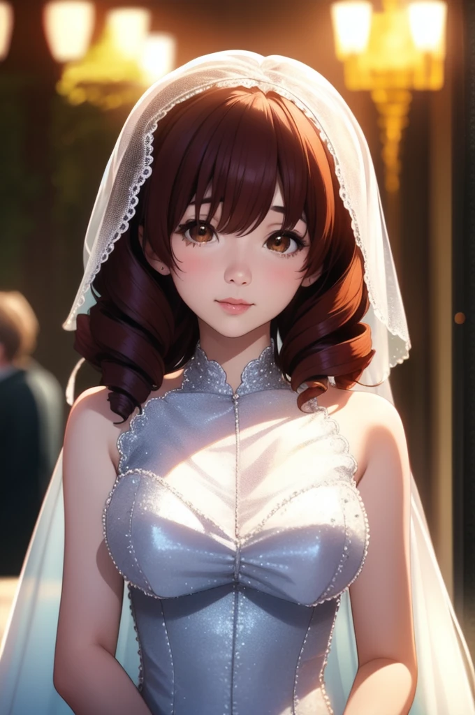 1girl, solo, shouko_nishimiya, brown hair, brown eyes, adult mature woman, age 30, high quality, best quality, highres, high detail, wide angle shot,atmospheric lighting, faceveilmask, (mouth veil), [garnet forehead jewel, headband] ,standing, wearing a cotton lace ornate glitterw3d, corset, hair ornament rose, ((long drill curls)), veil, blurry foreground, front, best quality, high quality, high detail, highres, 4k 