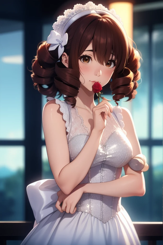 1girl, solo, shouko_nishimiya, brown hair, brown eyes, adult mature woman, age 30, high quality, best quality, highres, high detail, wide angle shot,atmospheric lighting, faceveilmask, (mouth veil), [garnet forehead jewel, headband] ,standing, wearing a cotton lace ornate glitterw3d, corset, hair ornament rose, ((long drill curls)), veil, blurry foreground, front, best quality, high quality, high detail, highres, 4k 