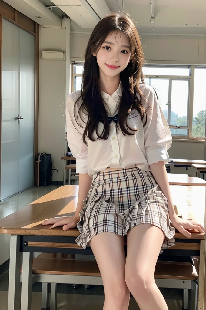 Smiling high school student, Thinner, low length, long hair and white skin, Wear a checked skirt, JK White Boat Socks, Little white shoes、White shirt、White shirtと紺色のネクタイ、School classroom、In the classroom、Stand alone、One girl,