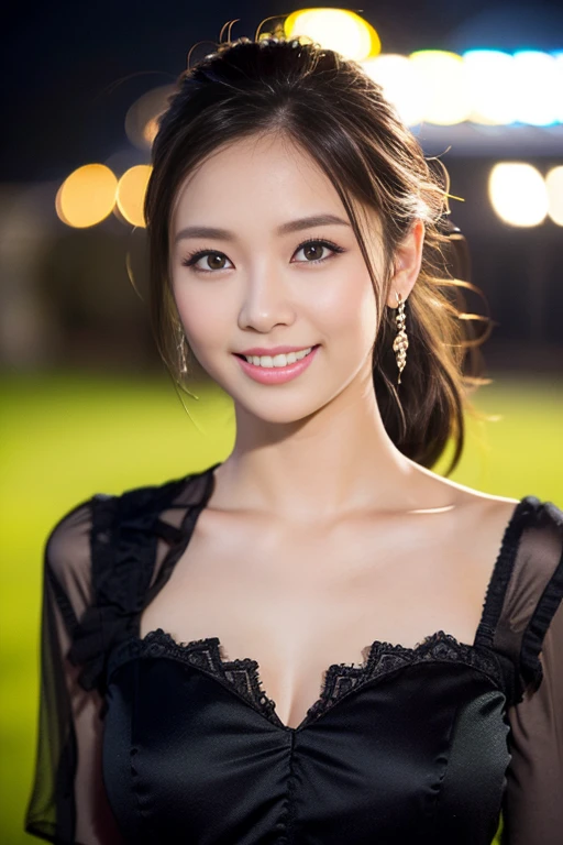 (a gorgeous lady, age 20s, classic black dress that exudes timeless elegance, versatile and sophisticated, posing naturally under night sky, kind smile, dimpled cheeks, short ponytail, cute snaggleteeth, ample round bosom, perfect body anatomy, photorealistic, beautiful detailed eyes, hyper-realism, high contrast, ultra HD, realistic skin textures, top image quality, top-quality, super high resolution, fine details, very meticulously, high angle shot, medium shot, cowboy shot, bokeh background, SFW)