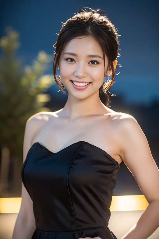(a gorgeous lady, age 20s, classic black dress that exudes timeless elegance, versatile and sophisticated, posing naturally under night sky, kind smile, dimpled cheeks, short ponytail, cute snaggleteeth, ample round bosom, perfect body anatomy, photorealistic, beautiful detailed eyes, hyper-realism, high contrast, ultra HD, realistic skin textures, top image quality, top-quality, super high resolution, fine details, very meticulously, high angle shot, medium shot, cowboy shot, bokeh background, SFW)