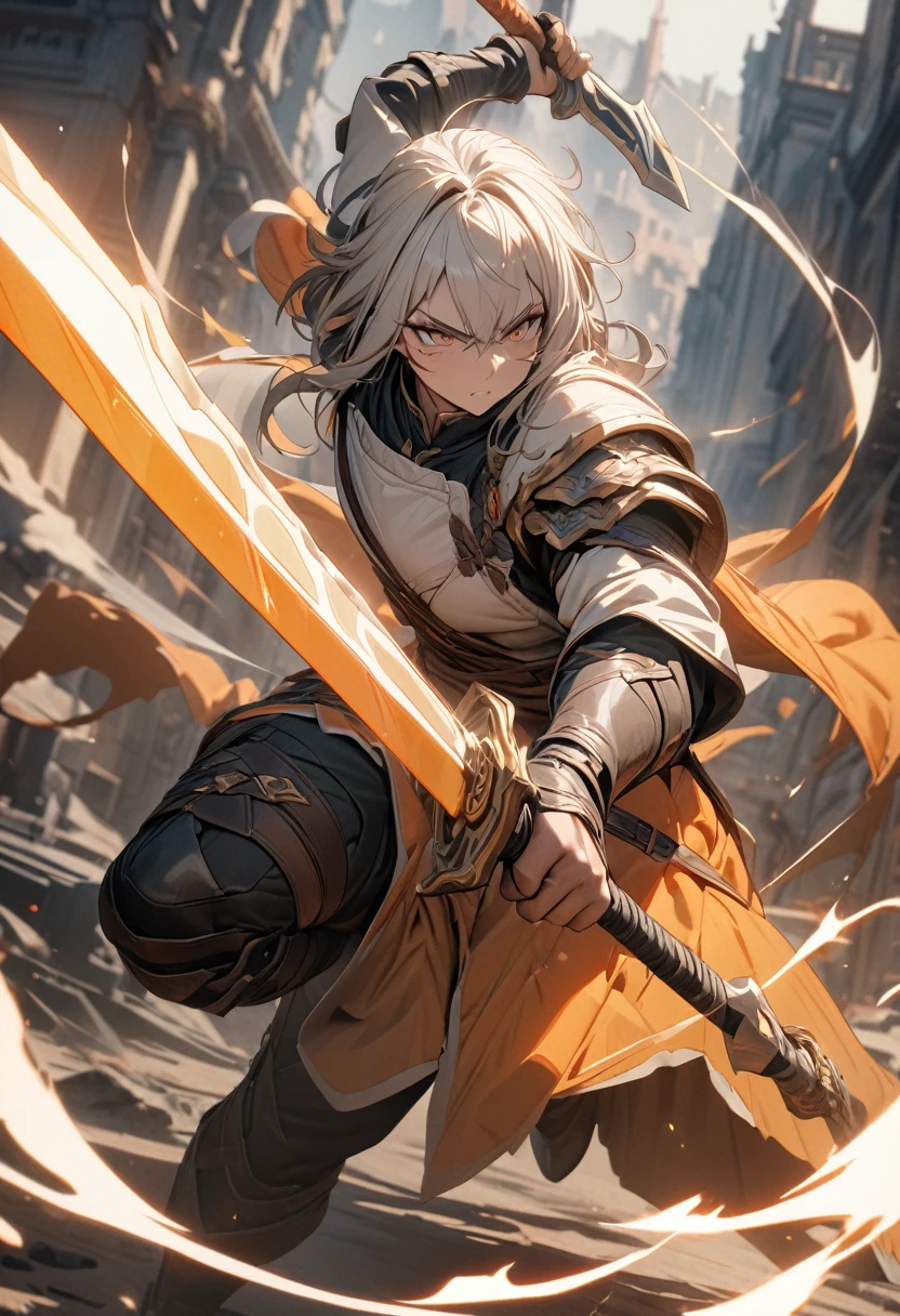 masterpiece, 8k, best quality, highly detailed, a human male warrior wielding an orange and white long sword with a serrated blade