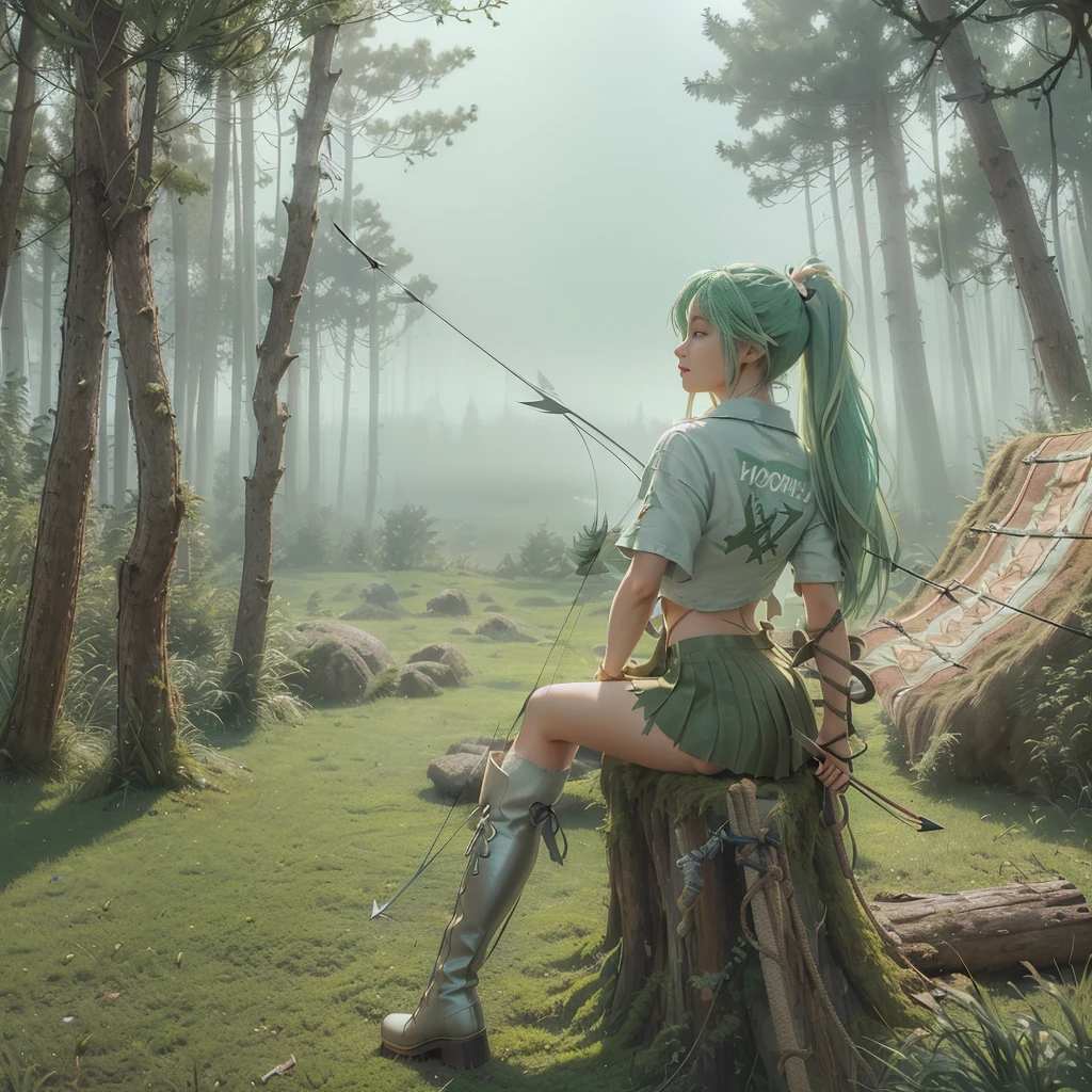((RAW photo), absurd, (absurdresolution)), masterpiece, best quality, (Extremely detailed 8k unity CG wallpaper), (best illustration), (best shadow), Realistic lighting, beautiful detailed glow, ((cute athletic girl, torn pleated miniskirt, torn blanket shirt, over the knee boots)), (leaning over, left leg bent, right leg straight), looking at the HORIZON over her shoulder, (((holding bow and arrow, rope visible, forest hunter))), (light green hair, pigtails), (perfect, defined, sharp pupil), wind, ((background: moss and fog trees, clear sky)), ((From the side, view from below))
