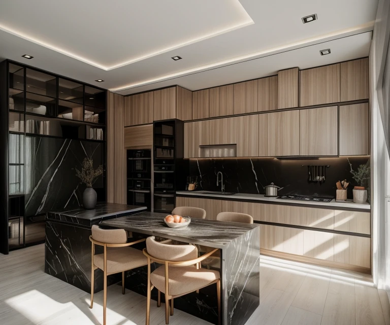 RAW photo, 8k uhd, dslr, soft lighting, high quality, film grain, Fujifilm XT3, interior of kitchen, modern style, black wood, black marble, sofa, table, chair, stair, tree, daylight, 