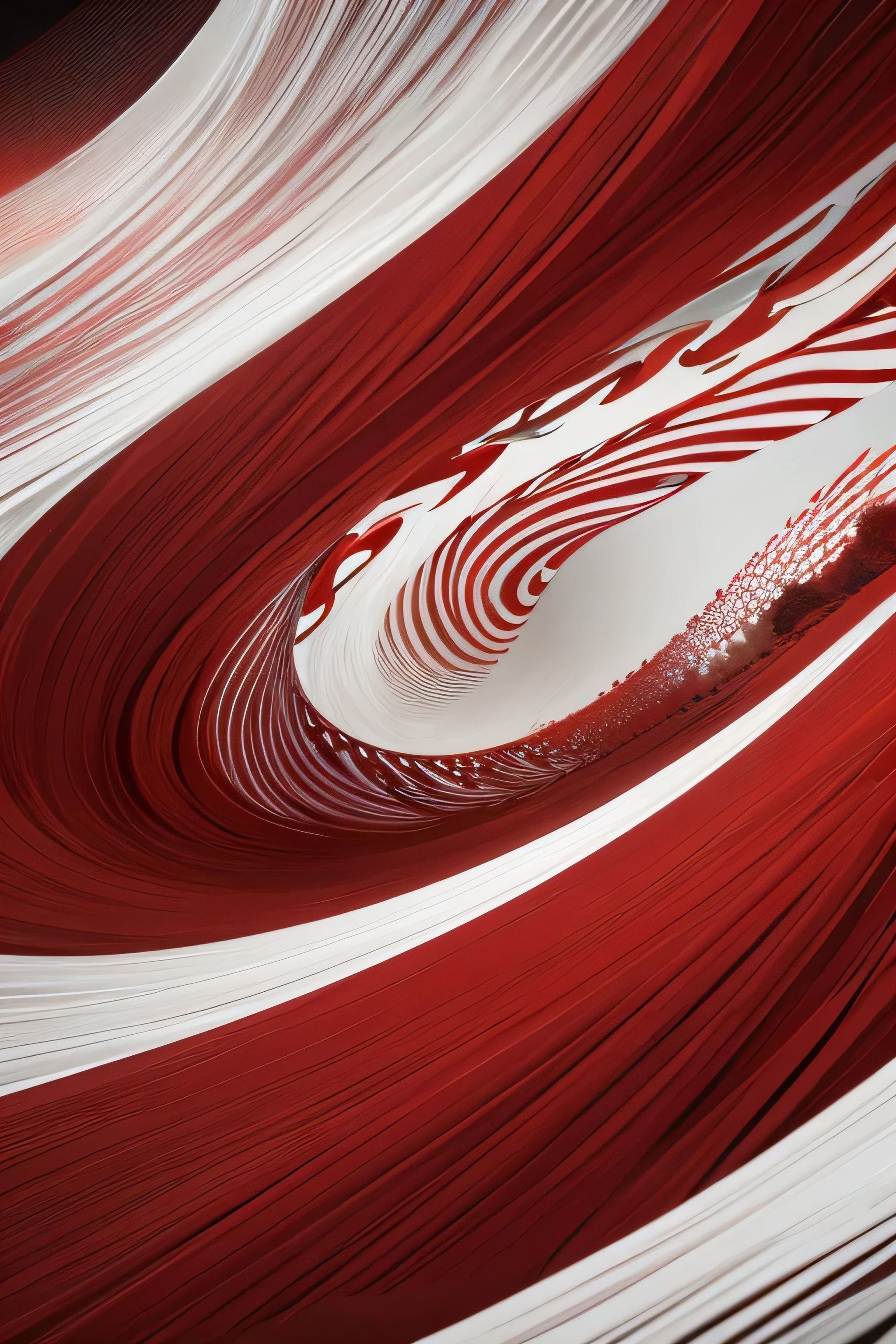 "An abstract background illustration featuring dynamic flows of red and white energy, symbolizing the spirit of Indonesian independence. Interwoven within the energy flows are elements of water waves, adding a sense of fluidity and movement. The red and white colors blend and contrast beautifully, symbolizing strength and unity. The composition is modern and visually striking, capturing the patriotic and nationalistic essence of Indonesia's journey to independence."