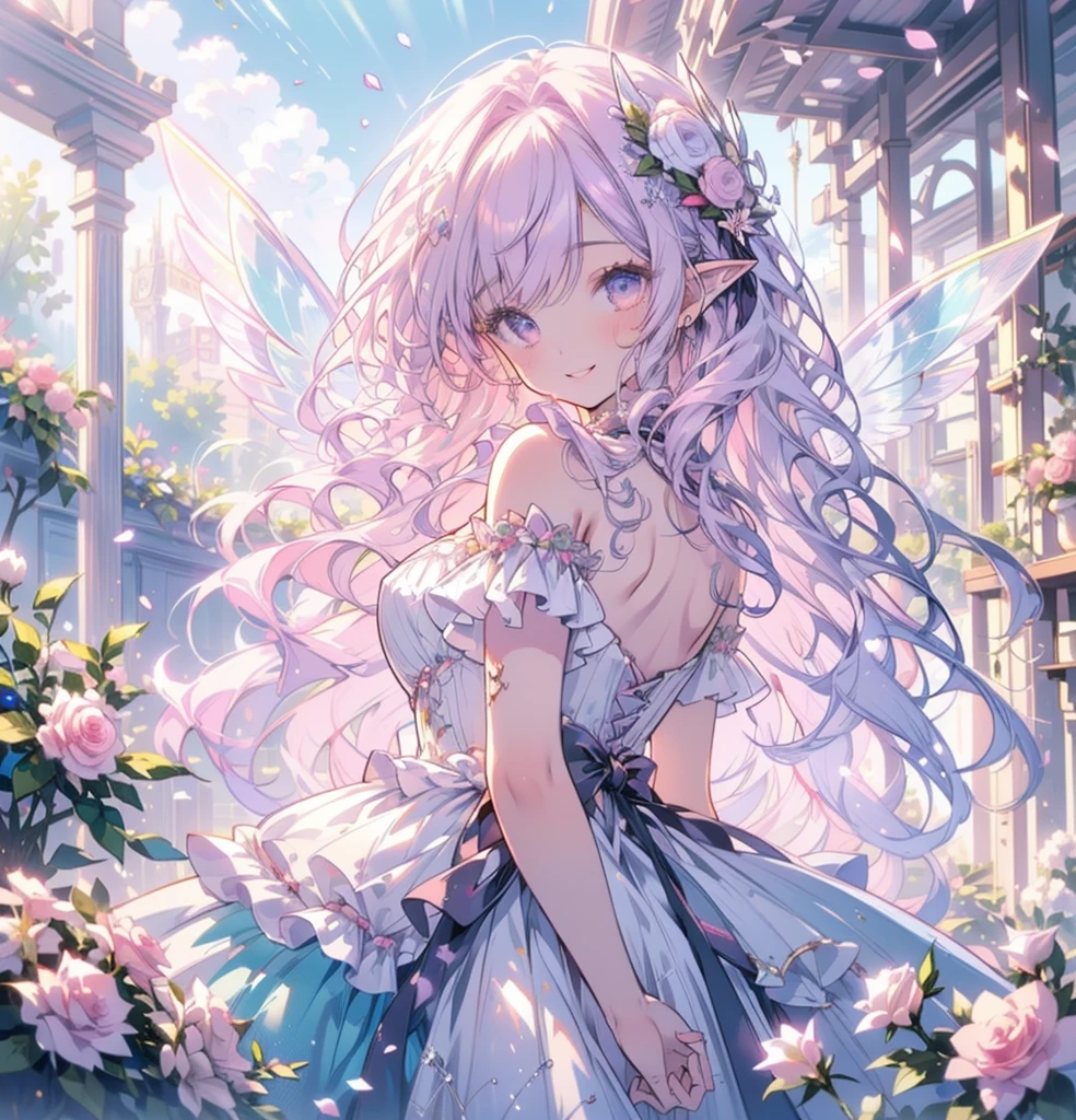 (masterpiece,Highest quality, Very detailed, beautiful, Exquisite, 16K, Full HD), (Asahi,sunlight,sunny,Petals fluttering,garden),((smile,Happy:1.5)),get up,((Frills, Rhinestones and flowers,Sparkling fluffy layered ball gown)), Lots of flowers,Floral decoration,((Surrounded by roses)),((Giant white fairy wings)),(Pink medium hair,Hair blowing in the wind, Wavy Hair,Fluffy hair),(White skin,Lavender eyes, Long eyelashes, Big eyes,Pale pink cheeks, Pointy Ears),Dazzling Light, Warm lighting, (pastel colour, Fantasy art:1.2),