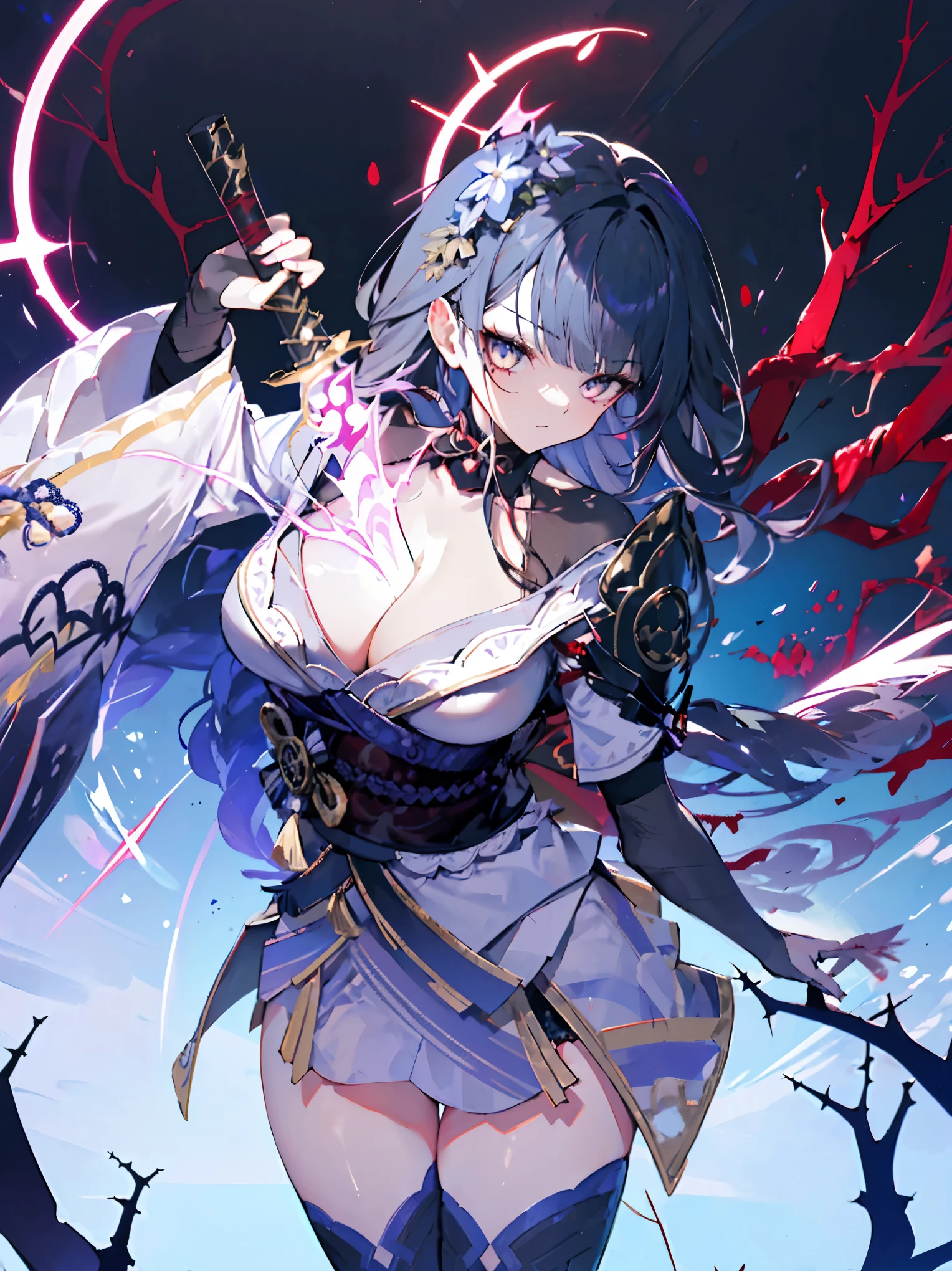 huge ahoge,white hair,yellow eyes,(((Red Taitao))),(((Red sword))),(((red shinyingsword))),((((Thunder and Lightning_The general pulled a knife from her chest)))),((((nagisa blue archive)))),groin,wings on back,wings on waist,multiple wings ,(((((black halo of thorns))))), (white hair, multicolored hair,dark red wings, ((gradient hair)), red hair),((((black halo))))1girl,独奏,
