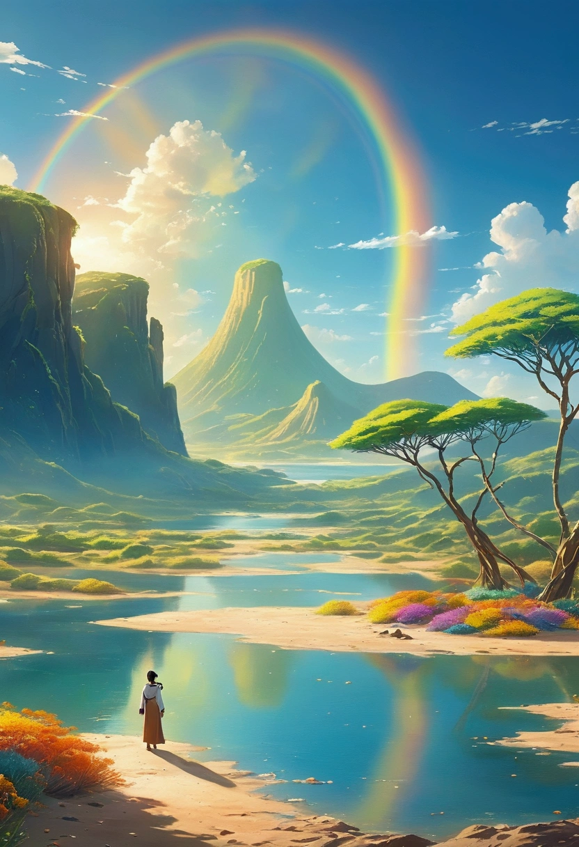 Islands in the sea,Fairy tale world,VolcanoBeautiful scenery, ocean view, sunset, vivid, 2D anime style, Makoto Shinkai Style
Nearby is arid land, surrounded by a patch of dirt. There is an oasis in the distance, like a mirage. In the barren desert, a lush oasis appears. Outside the oasis, the blue sky stretches as far as the eye can see, dotted with a vibrant rainbow that gracefully cuts across the sky. The figures are abstract, but all are in awe of the awe-inspiring sight before them. True colors
Nearby is a dry desert, the soil is cr