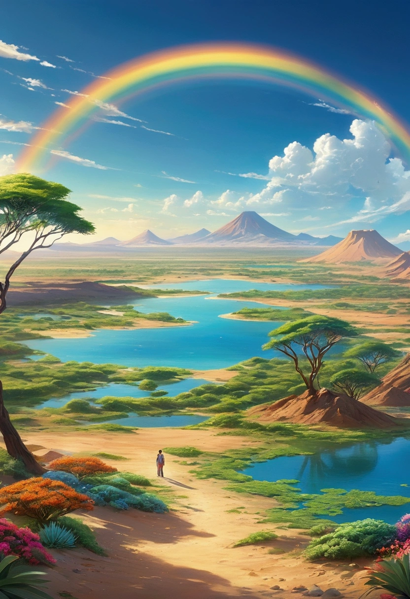 Islands in the sea,Fairy tale world,VolcanoBeautiful scenery, ocean view, sunset, vivid, 2D anime style, Makoto Shinkai Style
Nearby is arid land, surrounded by a patch of dirt. There is an oasis in the distance, like a mirage. In the barren desert, a lush oasis appears. Outside the oasis, the blue sky stretches as far as the eye can see, dotted with a vibrant rainbow that gracefully cuts across the sky. The figures are abstract, but all are in awe of the awe-inspiring sight before them. True colors
Nearby is a dry desert, the soil is cr
