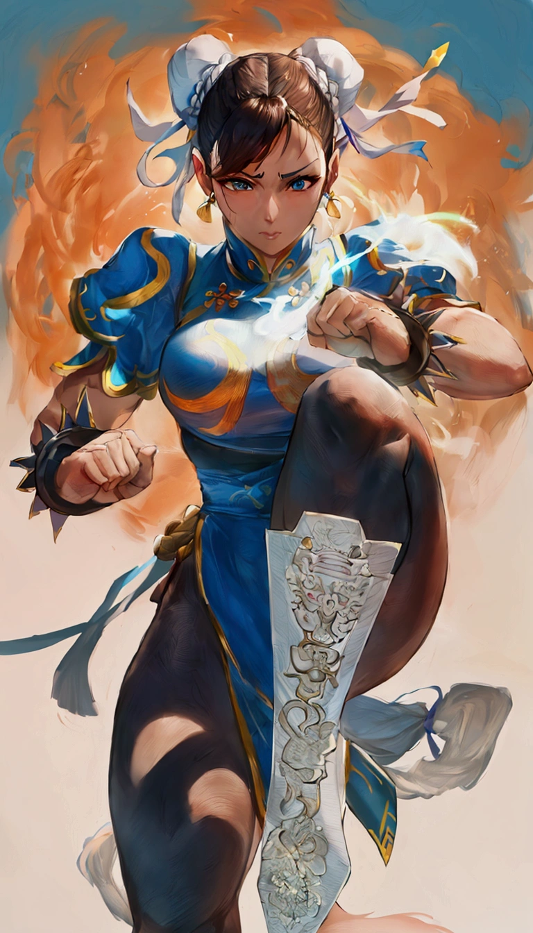 Arafe woman chun-li solo with ponytail haighting Game Fightetness Model、Big breasts about to burst、No exposed skin、thin and long legs,、Fitness Body Shape、Pose ready to fight、battle look, close up 