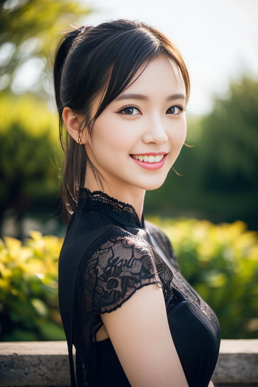 (a gorgeous lady, age 20s, classic black dress that exudes timeless elegance, versatile and sophisticated, posing naturally in a Chinese Garden under night sky, kind smile, dimpled cheeks, short ponytail, cute snaggleteeth, ample round bosom, perfect body anatomy, photorealistic, beautiful detailed eyes, hyper-realism, high contrast, ultra HD, realistic skin textures, top image quality, top-quality, super high resolution, fine details, very meticulously, high angle shot, medium shot, cowboy shot, bokeh background, SFW)