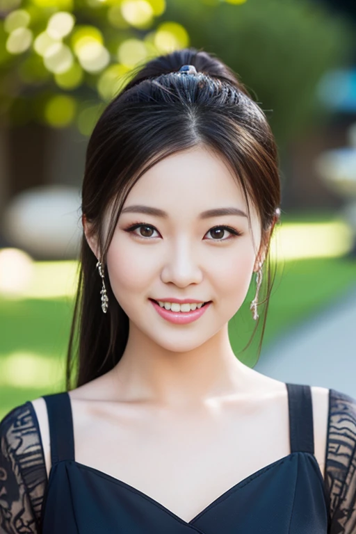 (a gorgeous lady, age 20s, classic black dress that exudes timeless elegance, versatile and sophisticated, posing naturally in a Chinese Garden under night sky, kind smile, dimpled cheeks, short ponytail, cute snaggleteeth, ample round bosom, perfect body anatomy, photorealistic, beautiful detailed eyes, hyper-realism, high contrast, ultra HD, realistic skin textures, top image quality, top-quality, super high resolution, fine details, very meticulously, high angle shot, medium shot, cowboy shot, bokeh background, SFW)