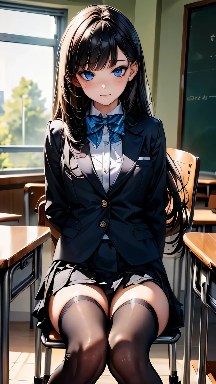 (masterpiece, Highest quality:1.2), (Realistic, photoRealistic:1.3), Browsing Caution, View your viewers, 1 girl, high school girl, Perfect Face, Glowing Skin, (Long Hair),Black Hair, Blue eyes, Long eyelashes, Beautiful Hair, Beautiful Face, Beautiful attention to detail, (Blazer uniform, Pleated mini skirt,Black Stockings), A bow tie, (Tense face),Sitting on a chair in the classroom,Holding a book