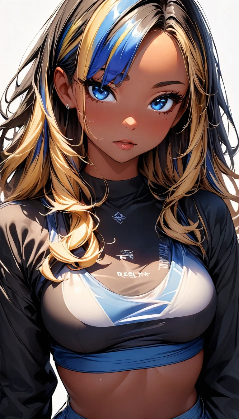 (highest quality:1.2, Very detailed, up to date, Vibrant, Ultra-high resolution, High Contrast, masterpiece:1.2, highest quality, Best aesthetics), Portraiture、girl、slim, Bright colors、black sports bra, short pants, Beautiful fine details、(Beautiful lip detail:1)、long hair, ((wavy hair:0.4))、messy hair, blonde and blue ((streaked hair:1.3)), highlights hair: 1.3, (medium breast:1), (tan skin:1.3), standing, Front facing, (No background:1.4), ((Plain white background:1.3)), (cowboy shot:1.5), look at viewer